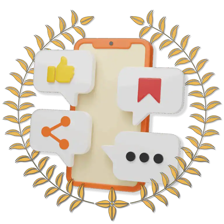 Thumbs-up icon, social media sharing, bookmark, and messaging symbols on a smartphone screen with decorative gold leaves.